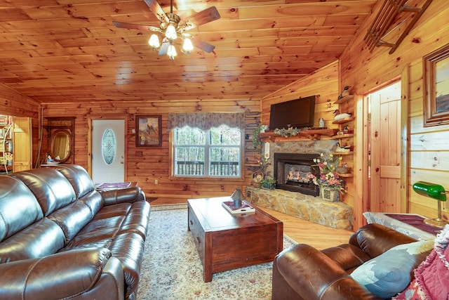 living room with wood walls, a fireplace, wood ceiling, and lofted ceiling