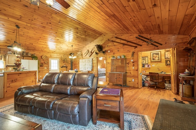 922 Liberty Cir, Murphy, NC 28906 - living area featuring wood walls, light wood-style flooring, lofted ceiling, and wooden ceiling
