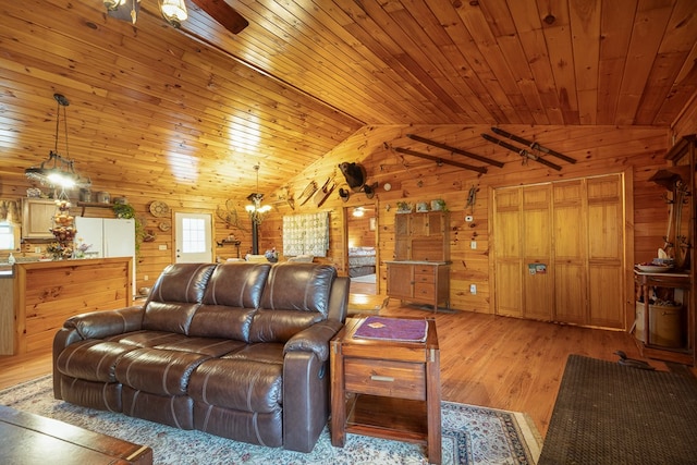 living room featuring wooden walls, vaulted ceiling, wood ceiling, and light hardwood / wood-style flooring