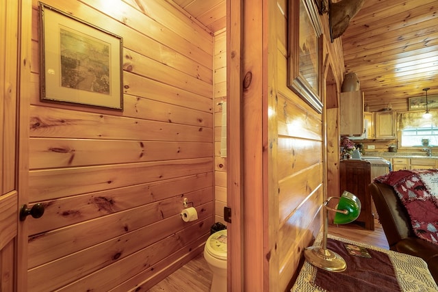 interior space with wood walls, wooden ceiling, sink, and light wood-type flooring