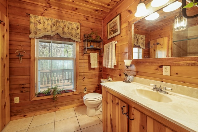 bathroom with vanity, wood walls, wooden ceiling, tile patterned floors, and toilet