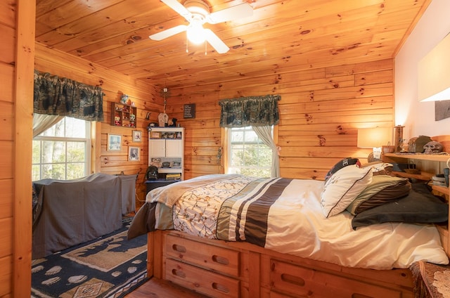 bedroom featuring multiple windows, ceiling fan, wood ceiling, and wooden walls