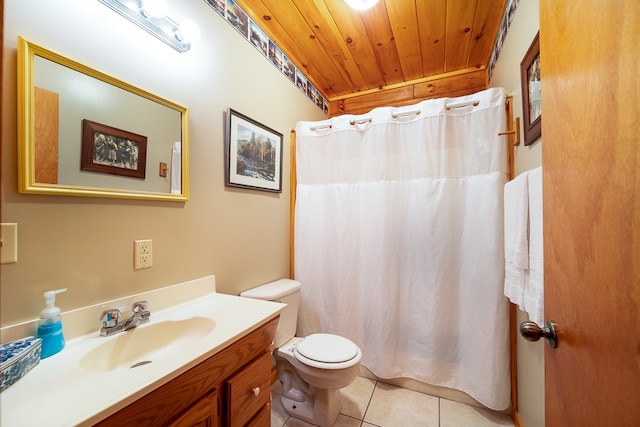 bathroom with walk in shower, vanity, wooden ceiling, tile patterned floors, and toilet