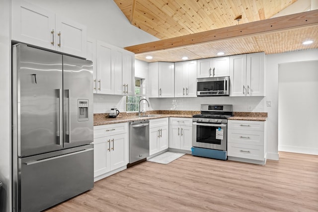 kitchen with backsplash, wooden ceiling, stainless steel appliances, and a sink