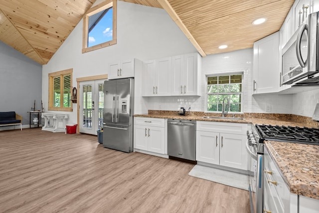 kitchen featuring light wood-type flooring, wooden ceiling, a sink, and appliances with stainless steel finishes