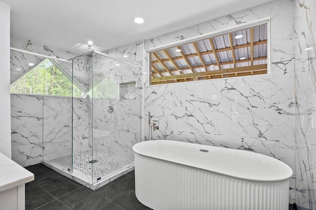 full bathroom featuring recessed lighting, tile walls, a soaking tub, and a marble finish shower