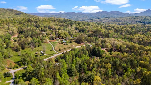 bird's eye view featuring a mountain view and a wooded view