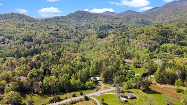 birds eye view of property featuring a wooded view and a mountain view