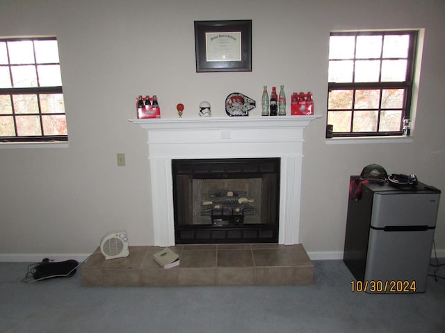 details featuring carpet flooring, a fireplace, and refrigerator