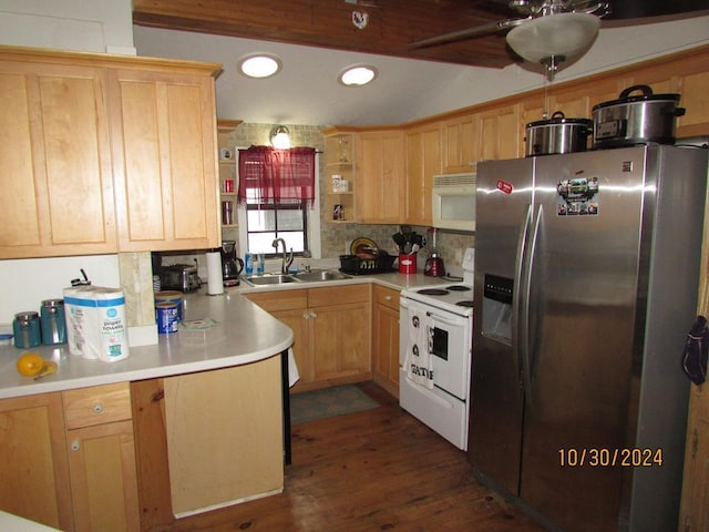 kitchen featuring light brown cabinets, kitchen peninsula, sink, white appliances, and dark hardwood / wood-style flooring