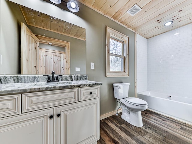 bathroom with toilet, vanity, wooden ceiling, and hardwood / wood-style flooring