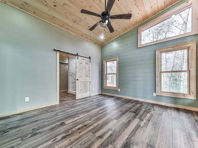 unfurnished bedroom with ceiling fan, wooden ceiling, a barn door, dark hardwood / wood-style flooring, and wooden walls