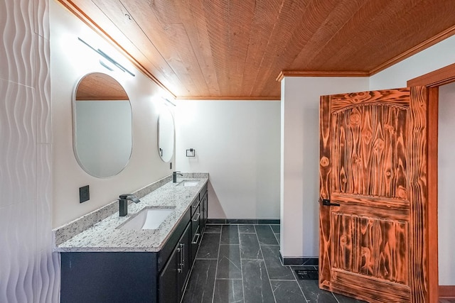 bathroom featuring vanity, tile patterned floors, ornamental molding, and wood ceiling