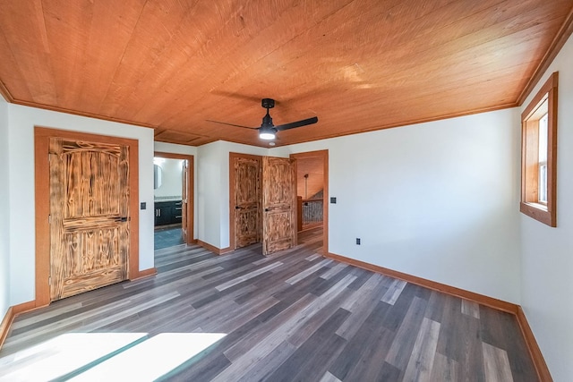 unfurnished bedroom with ceiling fan, dark hardwood / wood-style flooring, wood ceiling, and ornamental molding