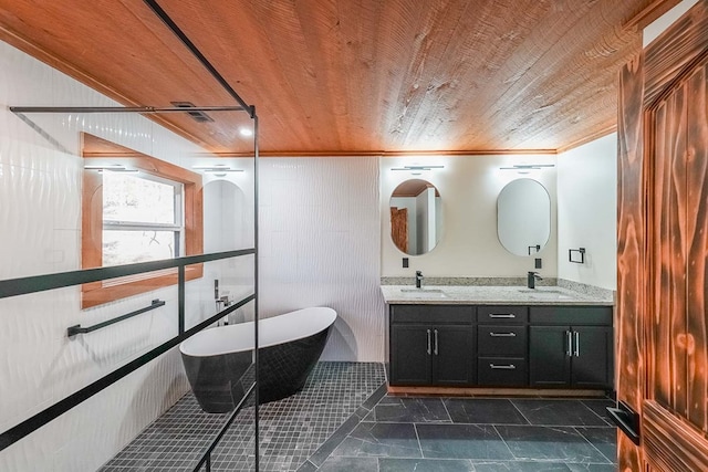 bathroom with wood ceiling, vanity, wooden walls, crown molding, and a bath