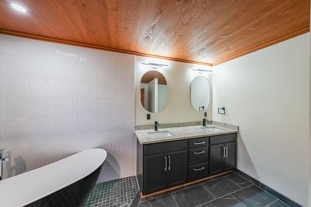 bathroom with vanity, wooden ceiling, a bathing tub, tile patterned floors, and crown molding