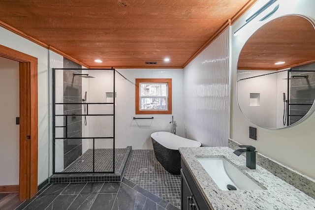 bathroom featuring separate shower and tub, vanity, wood ceiling, and ornamental molding