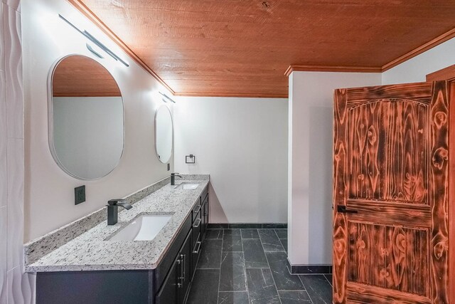 bathroom with vanity, wooden ceiling, and ornamental molding