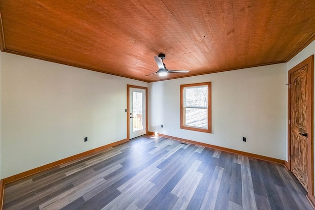 unfurnished room featuring ceiling fan, wood ceiling, dark hardwood / wood-style floors, and ornamental molding