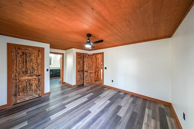 unfurnished bedroom with wooden ceiling, crown molding, ceiling fan, and dark wood-type flooring