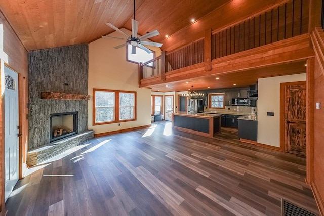 unfurnished living room with wood ceiling, ceiling fan, dark wood-type flooring, high vaulted ceiling, and a fireplace