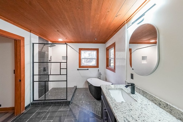 bathroom featuring vanity, plus walk in shower, tile patterned floors, crown molding, and wood ceiling