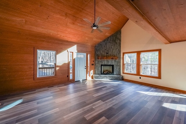 unfurnished living room with vaulted ceiling with beams, dark hardwood / wood-style flooring, and wooden ceiling