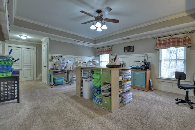 interior space with ceiling fan and ornamental molding