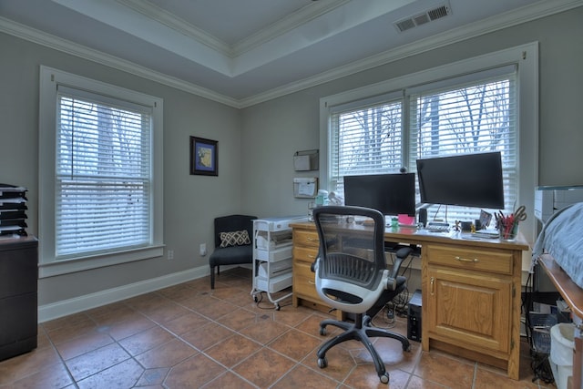 office featuring ornamental molding, a healthy amount of sunlight, and a raised ceiling