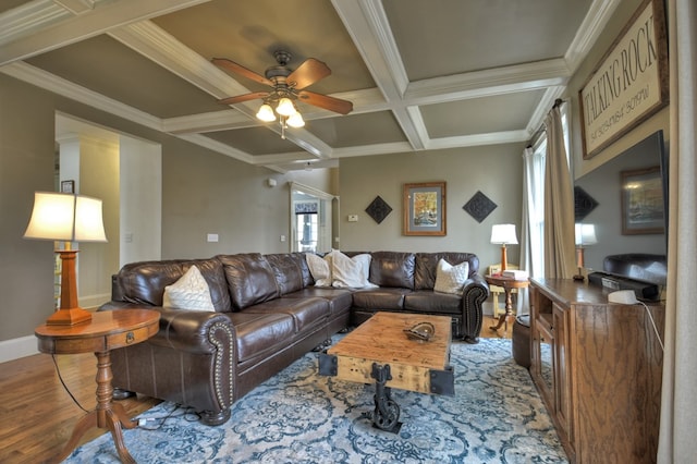 living room featuring crown molding, ceiling fan, coffered ceiling, wood-type flooring, and beamed ceiling