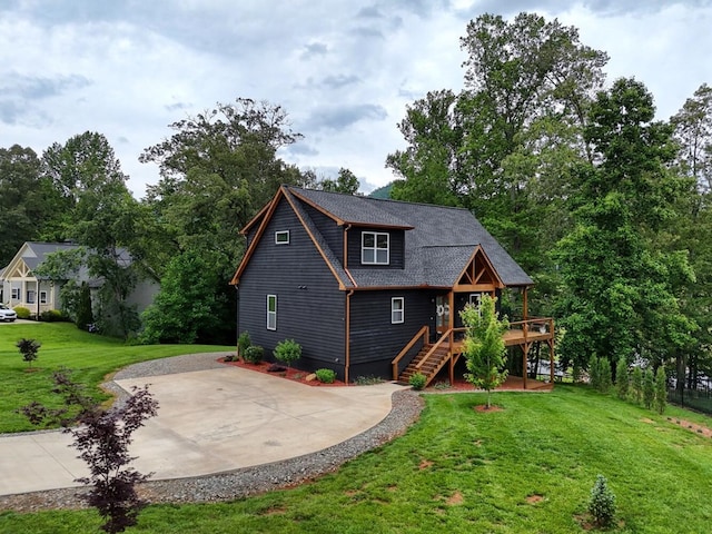 784 Sneaking Creek Dr, Hayesville, NC 28904 - rustic home featuring stairs, a wooden deck, and a front lawn