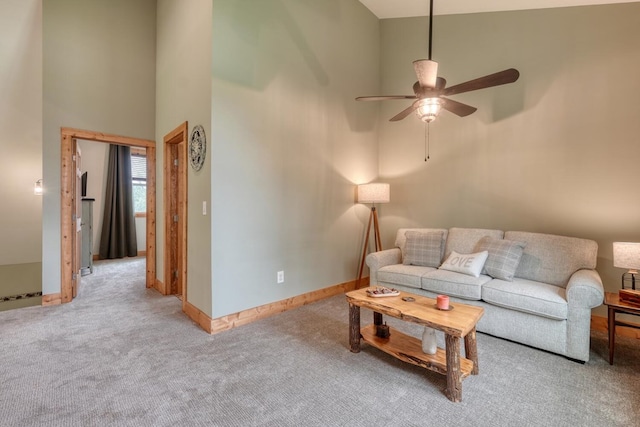 784 Sneaking Creek Dr, Hayesville, NC 28904 - carpeted living area featuring a high ceiling and a ceiling fan