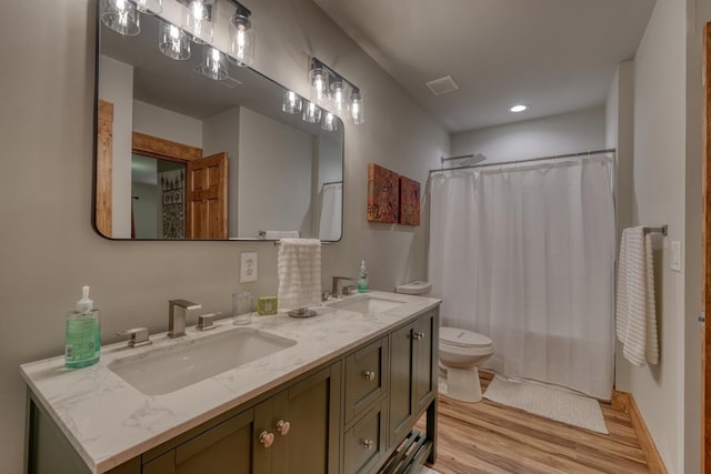 784 Sneaking Creek Dr, Hayesville, NC 28904 - full bath featuring wood finished floors, double vanity, and curtained shower