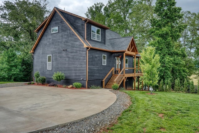 784 Sneaking Creek Dr, Hayesville, NC 28904 - back of house with a yard, stairway, and a wooden deck