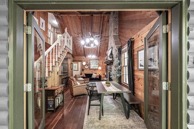 240 Donna Lee Ln, Mineral Bluff, GA 30559 - office featuring wood walls, dark wood-style floors, a chandelier, and healthy amount of natural light