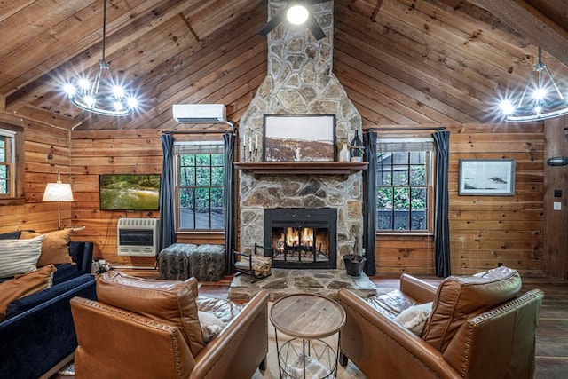 240 Donna Lee Ln, Mineral Bluff, GA 30559 - living room featuring a chandelier, wood finished floors, wood walls, a wall unit AC, and heating unit