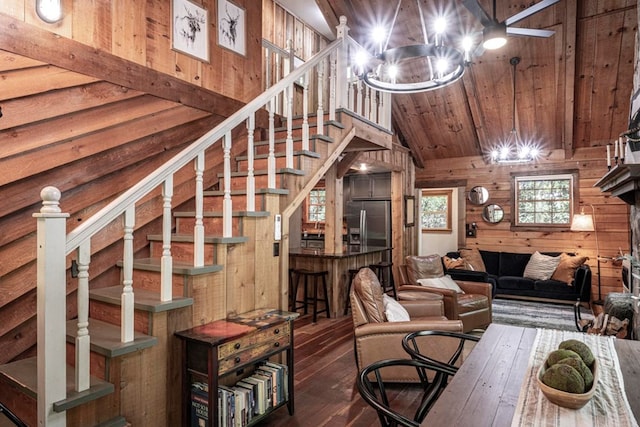 240 Donna Lee Ln, Mineral Bluff, GA 30559 - living area featuring wood walls, stairway, hardwood / wood-style flooring, high vaulted ceiling, and wood ceiling