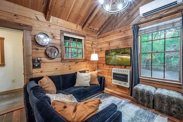 240 Donna Lee Ln, Mineral Bluff, GA 30559 - living room with a wall mounted AC, heating unit, wood walls, wooden ceiling, and wood-type flooring