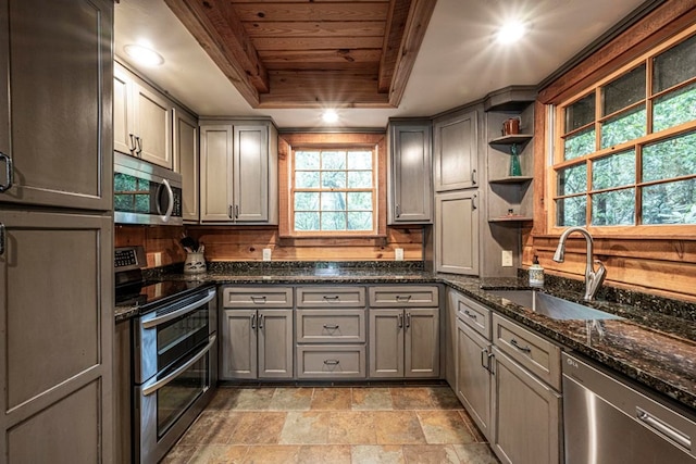 240 Donna Lee Ln, Mineral Bluff, GA 30559 - kitchen with stainless steel appliances, a sink, a raised ceiling, gray cabinets, and wooden ceiling