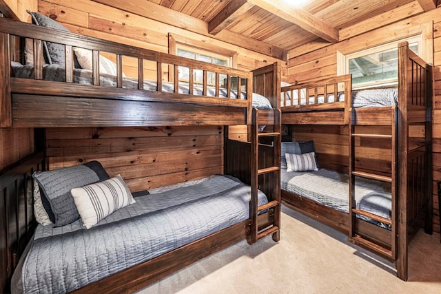 240 Donna Lee Ln, Mineral Bluff, GA 30559 - carpeted bedroom featuring wood walls and wood ceiling with exposed beams
