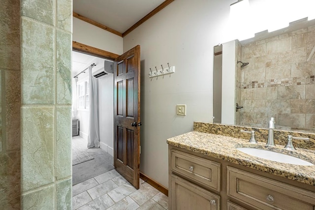 240 Donna Lee Ln, Mineral Bluff, GA 30559 - bathroom featuring crown molding, vanity, a wall unit AC, and baseboards