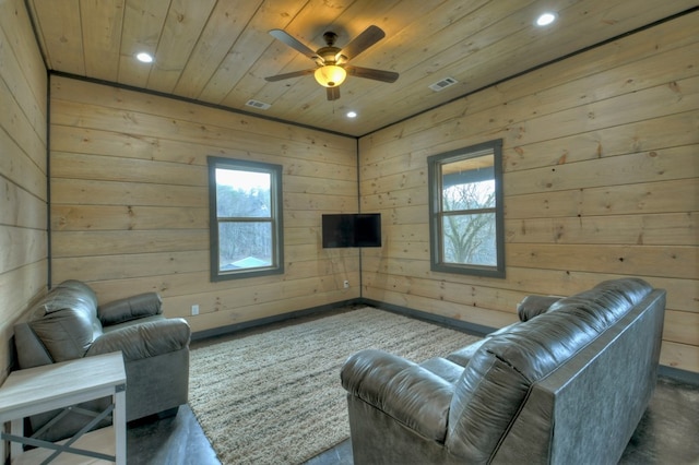 living room with wood ceiling, ceiling fan, and wooden walls