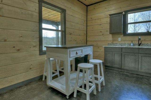 kitchen featuring gray cabinetry, sink, and wood walls