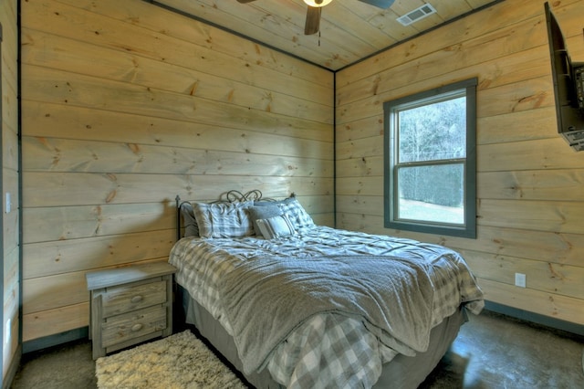 bedroom with wooden ceiling, ceiling fan, and wood walls