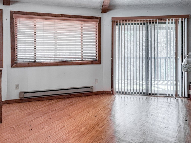 230 Tanglewood Dr, Blue Ridge, GA 30513 - empty room with beamed ceiling, a textured ceiling, wood finished floors, a baseboard radiator, and baseboards