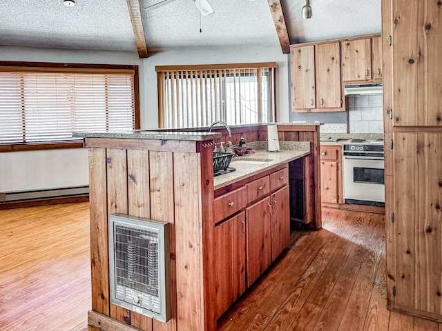 230 Tanglewood Dr, Blue Ridge, GA 30513 - kitchen with under cabinet range hood, hardwood / wood-style floors, range, heating unit, and a sink