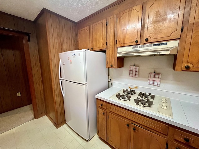 136 Ashe Knob Dr, Hayesville, NC 28904 - kitchen with under cabinet range hood, white appliances, brown cabinets, light countertops, and wooden walls