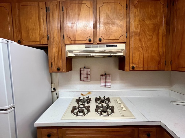 136 Ashe Knob Dr, Hayesville, NC 28904 - kitchen with under cabinet range hood, white appliances, brown cabinetry, and light countertops