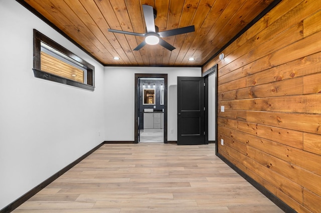 hall featuring light hardwood / wood-style floors, wood ceiling, and wooden walls