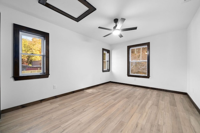 spare room with light hardwood / wood-style floors, a healthy amount of sunlight, and ceiling fan